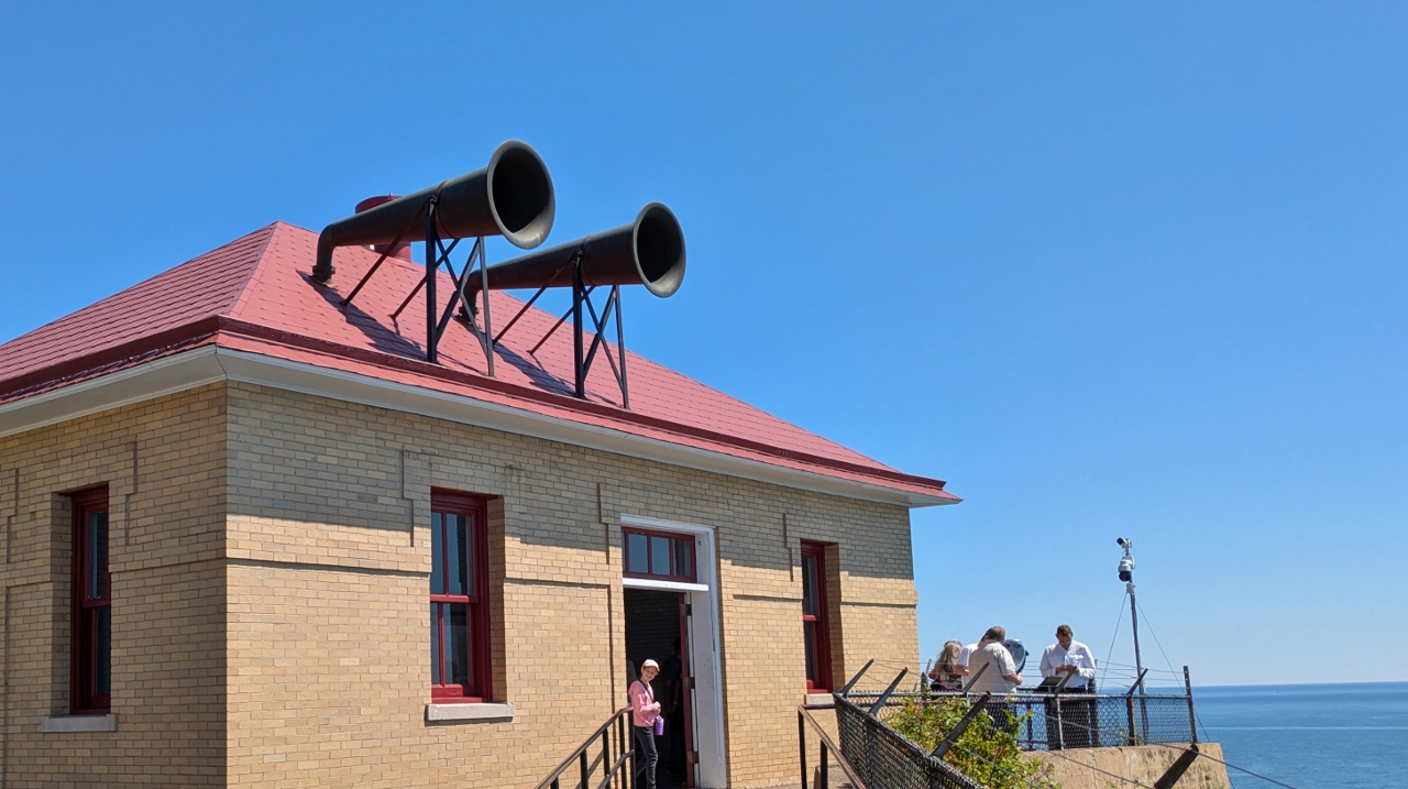 Horns Protrude From Roof of Fog Horn Building