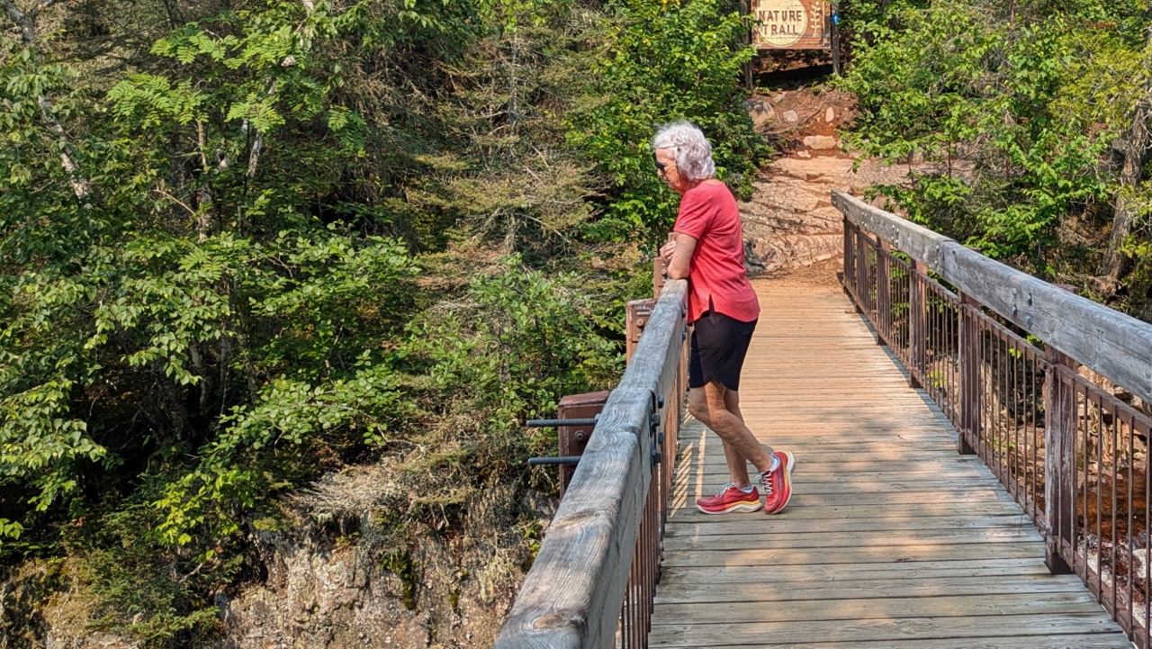 Sandy Looks at Lowest Cascades from Bridge
