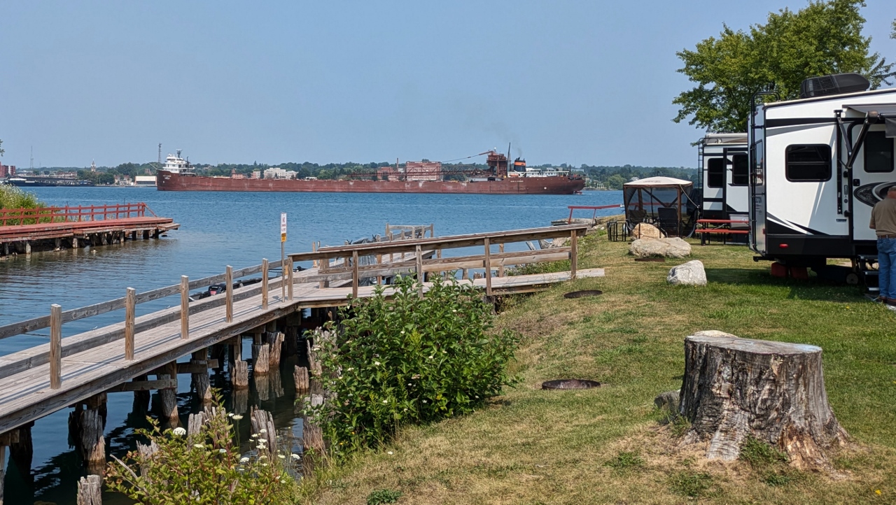 Watching a Bulk Carrier Go By from Our Campsite