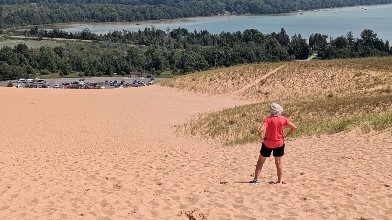 Partway Down, Sandy Looks at Parking Area Where We Started
