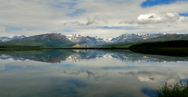 Distant Peaks Reflected in Round Tangle Lake along Denali Highway
