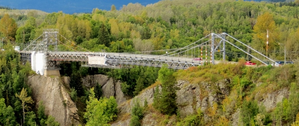One-Lane, Hagwilget Canyon Suspension Bridge on the Bulkley River Undergoing Repairs