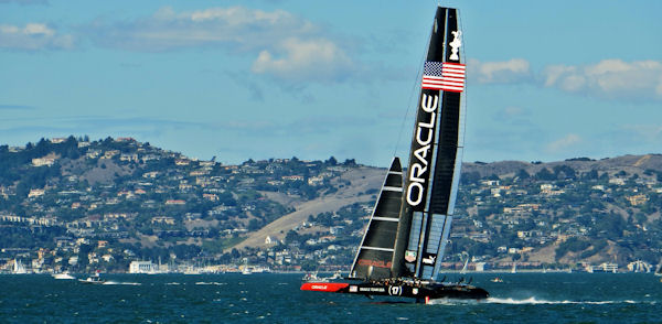 Up on Her Foils, Oracle Team USA's Catamaran Screams Across Bay on Way to Her Win